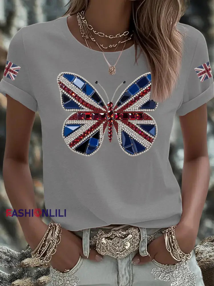 Women’s UK Flag Butterfly Printed T shirt Light Gray / S