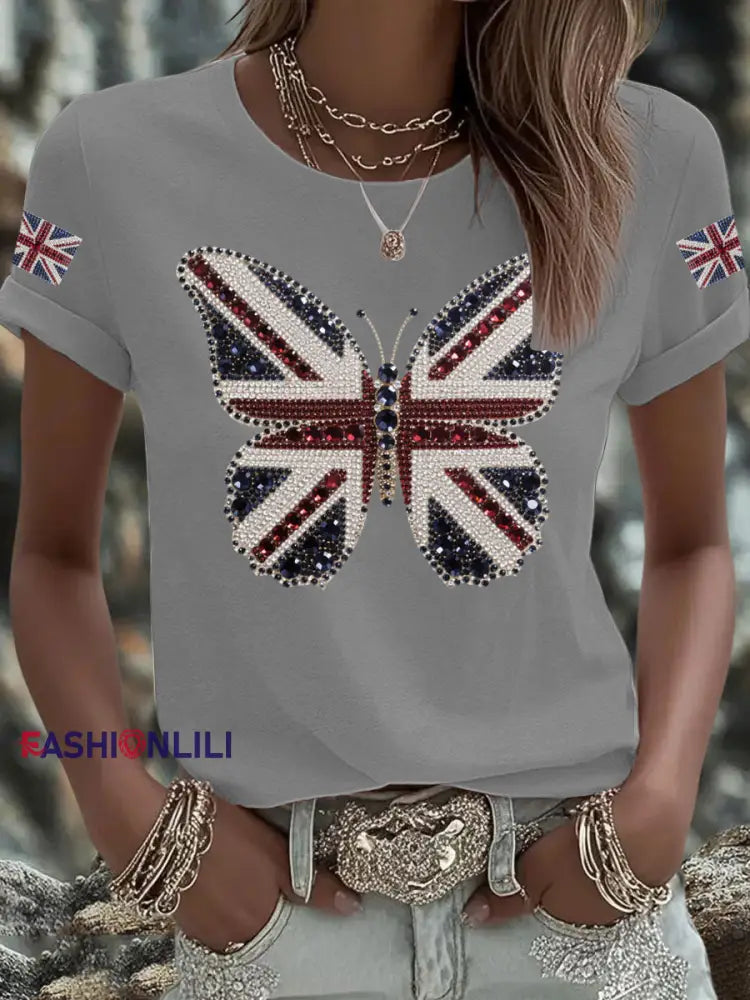 Women’s UK Flag Butterfly Printed T shirt Light Gray / S