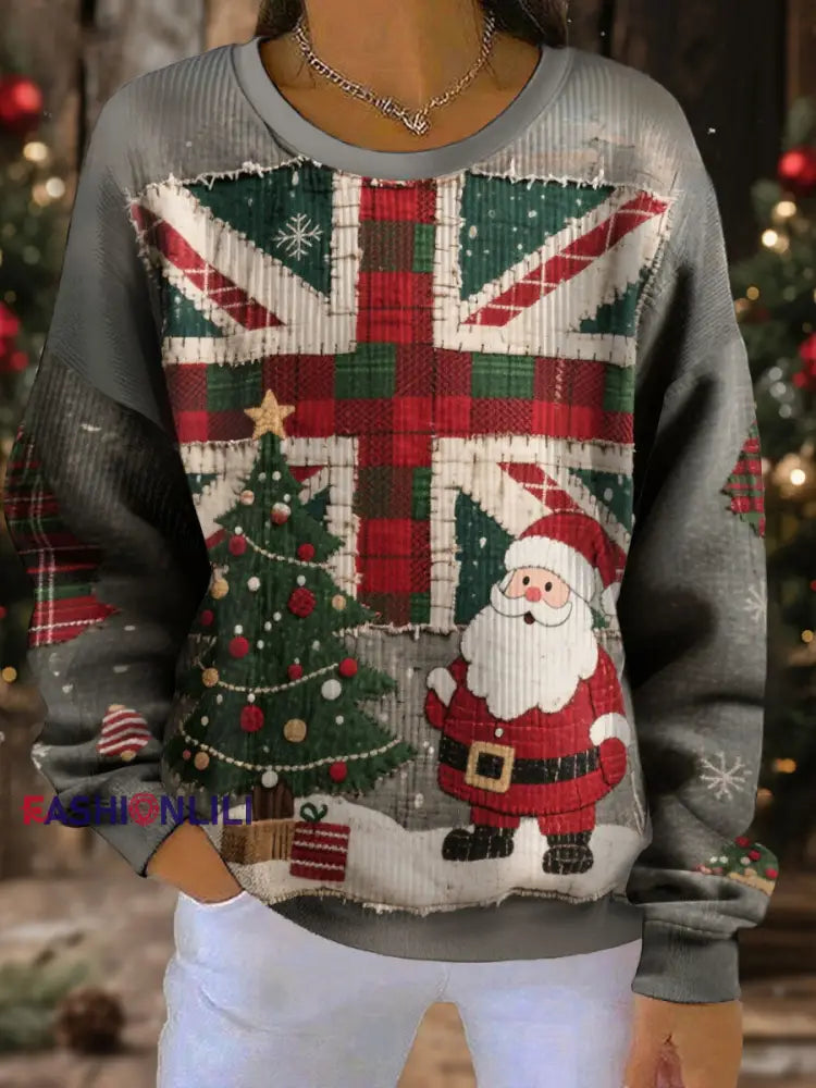Women’s UK Flag Christmas Santa Printed Sweatshirt As picture / S