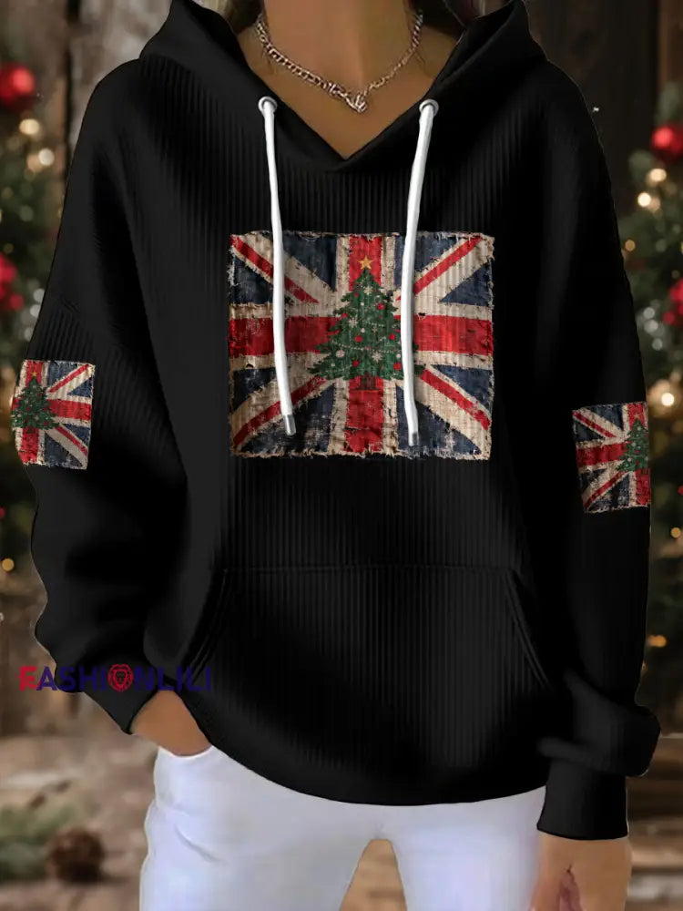 Women’s UK Flag Christmas Santa Printed Sweatshirt Black / S