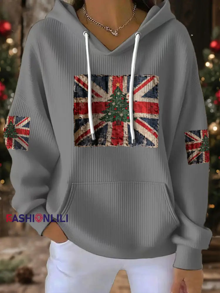 Women’s UK Flag Christmas Santa Printed Sweatshirt Light Gray / S