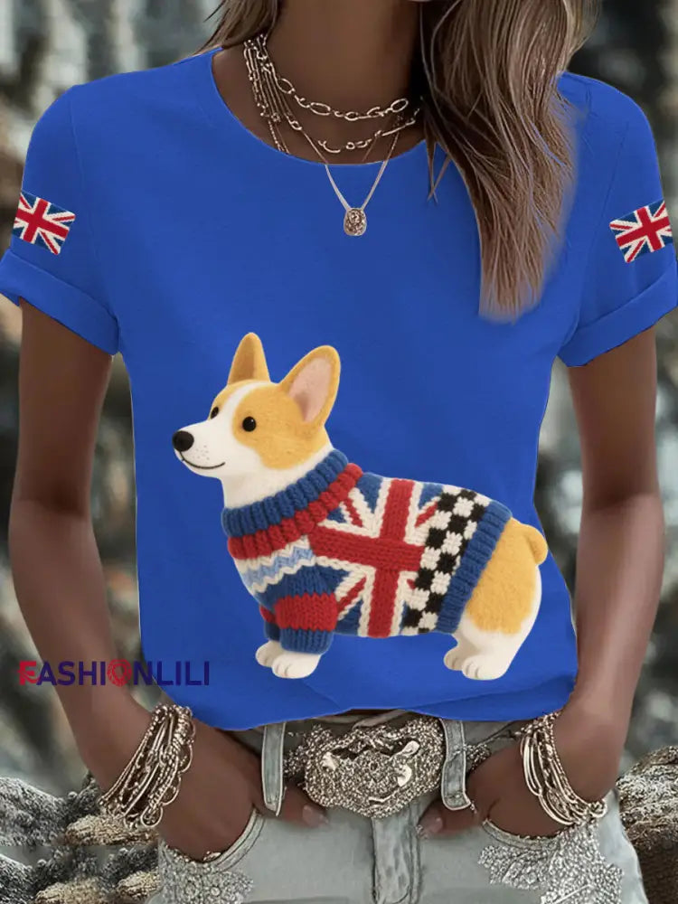 Women’s UK Flag Corgi Printed T shirt Blue / S