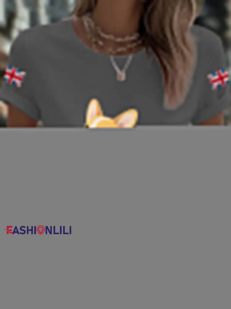 Women’s UK Flag Corgi Printed T shirt Dark Gray / S