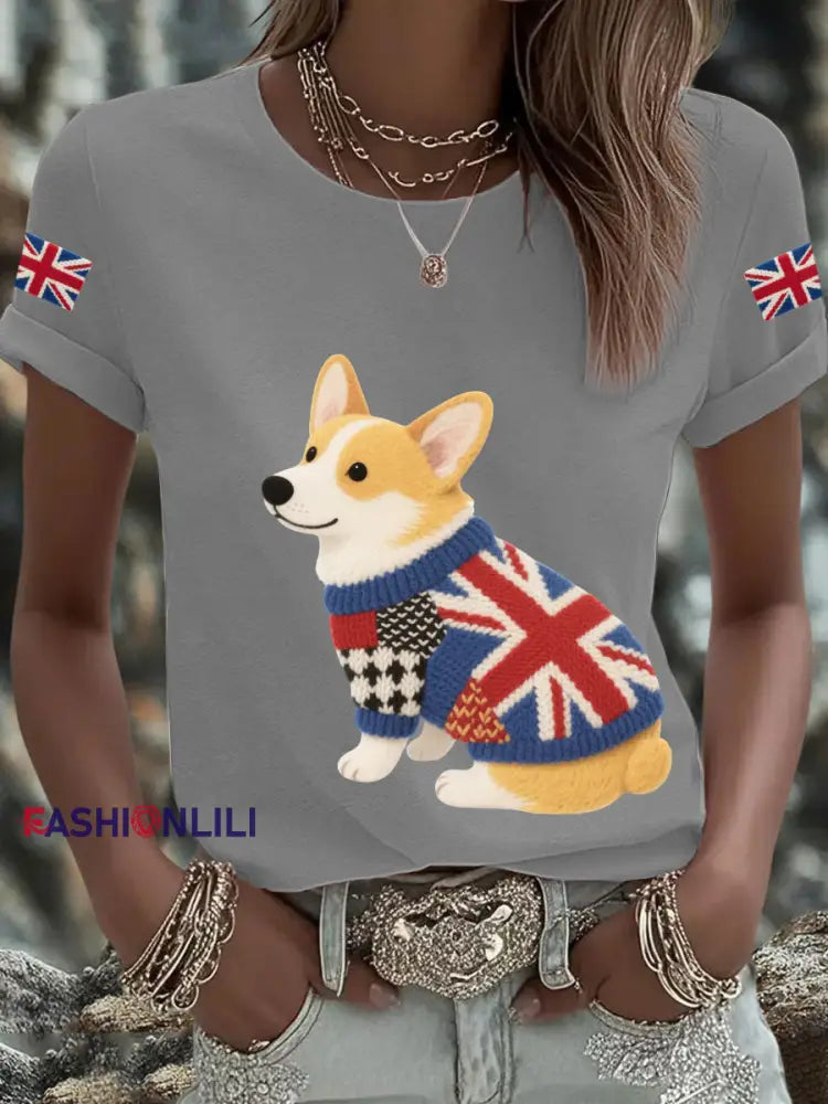 Women’s UK Flag Corgi Printed T shirt Light Gray / S