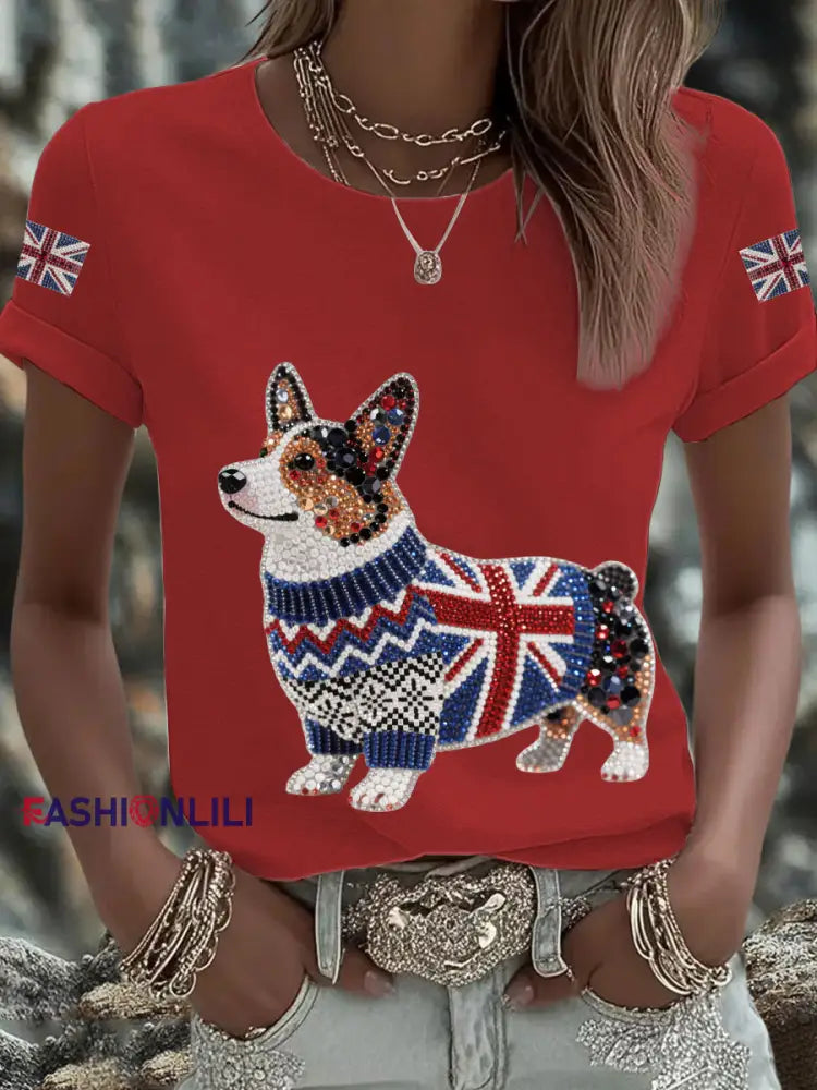Women’s UK Flag Corgi Printed T shirt Red / S