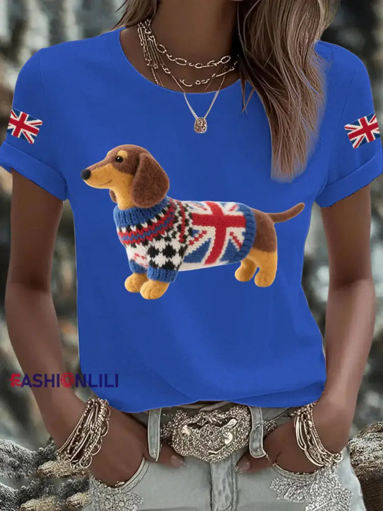 Women’s UK Flag Dachshund Printed T shirt Blue / S