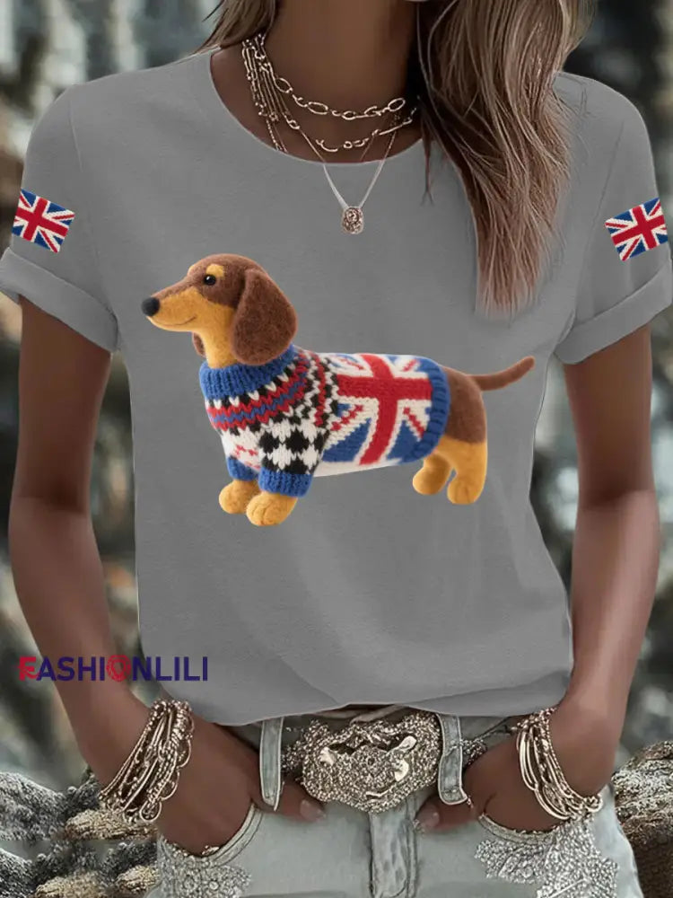 Women’s UK Flag Dachshund Printed T shirt Light Gray / S