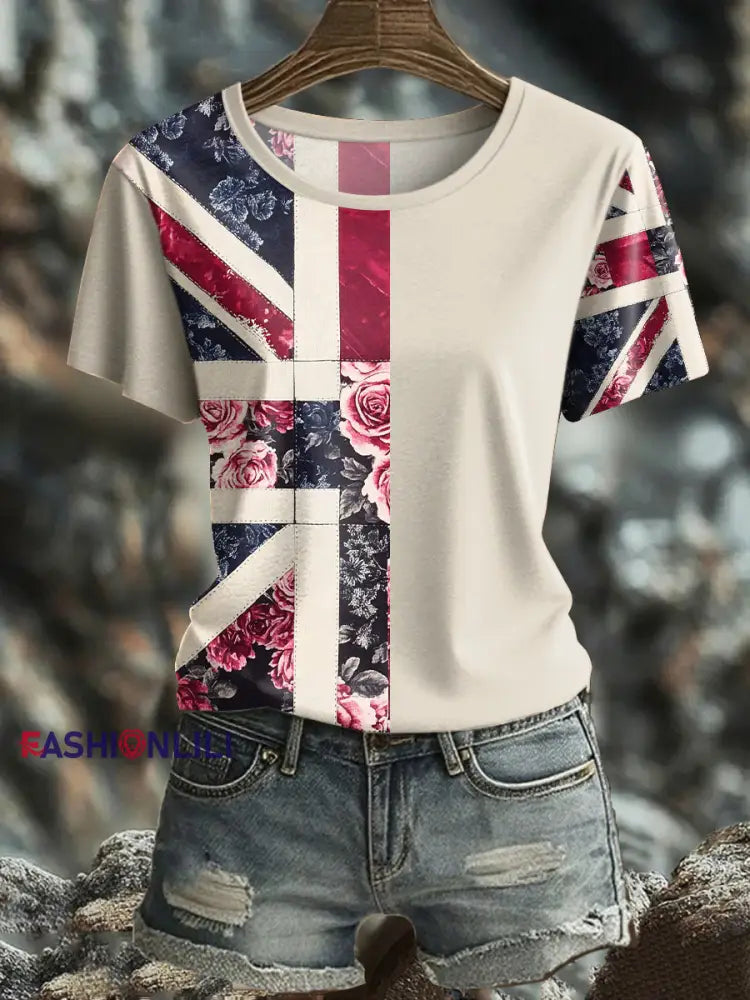 Women’s UK Flag Floral Art Printed T shirt Apricot / S