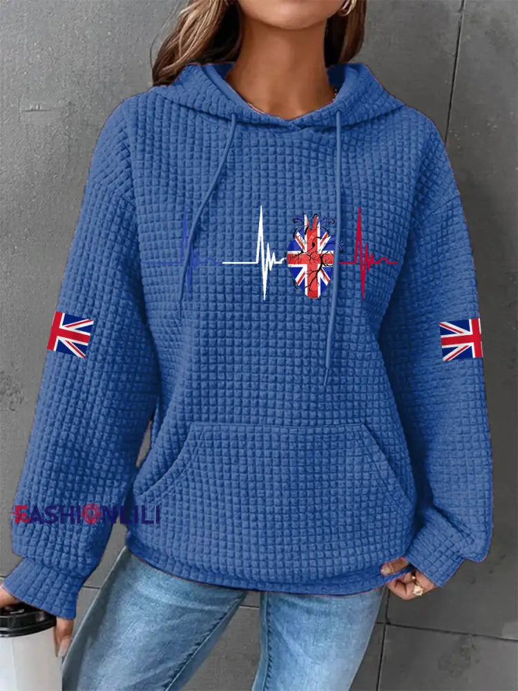 Women’s UK Flag Heartbeat Print Casual Waffle Hoodie Blue / S