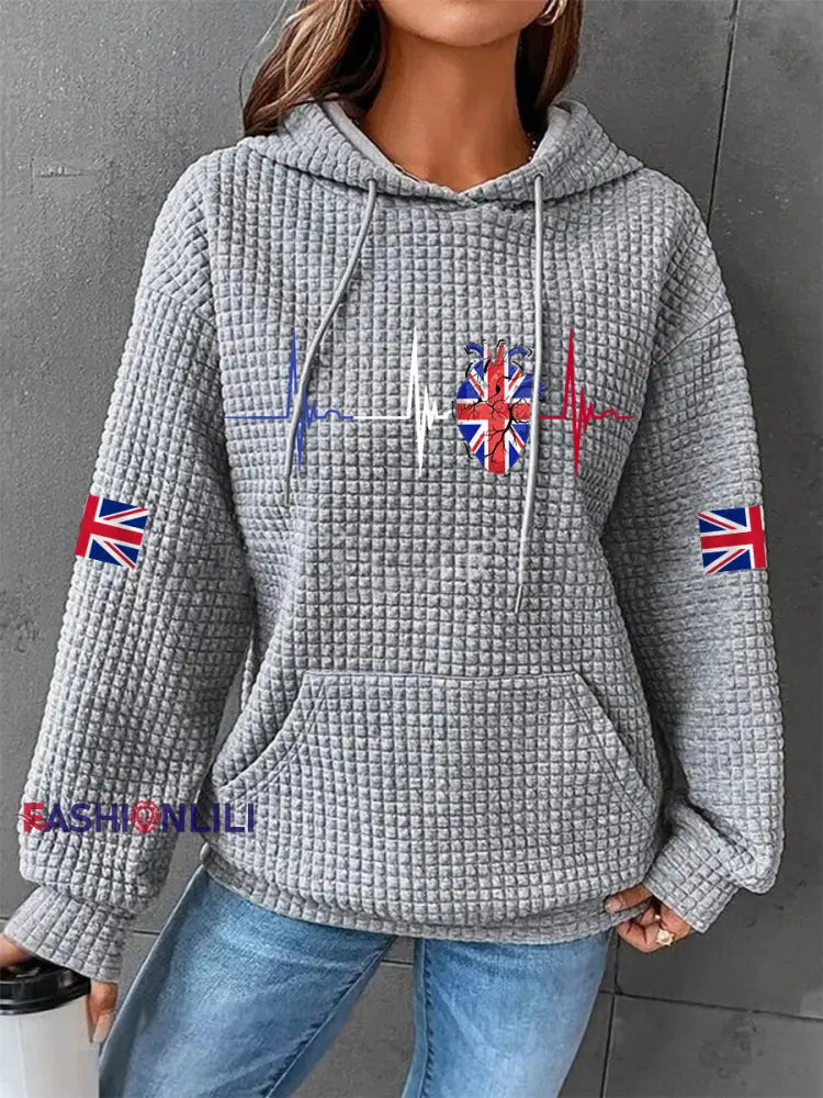 Women’s UK Flag Heartbeat Print Casual Waffle Hoodie Gray / S