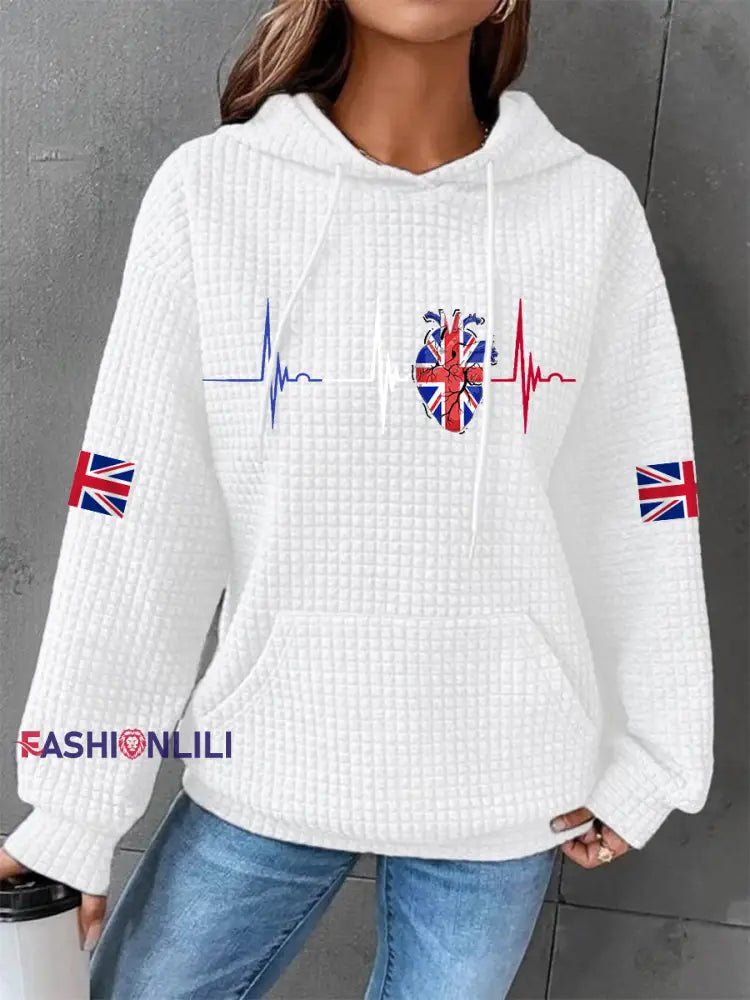 Women’s UK Flag Heartbeat Print Casual Waffle Hoodie White / S