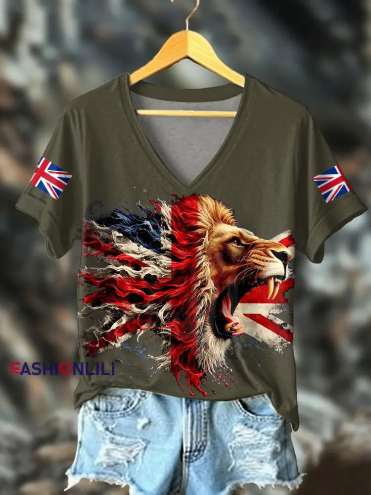 Women’s UK Flag Lion Printed T-shirt Army Green / S