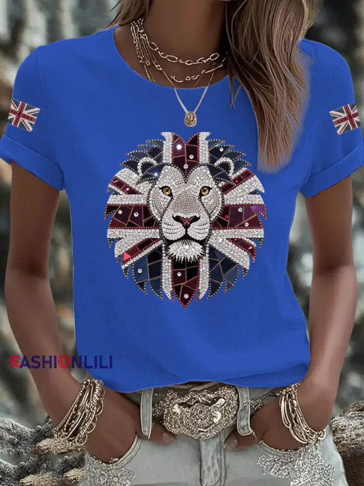 Women’s UK Flag Lion Printed T shirt Blue / S