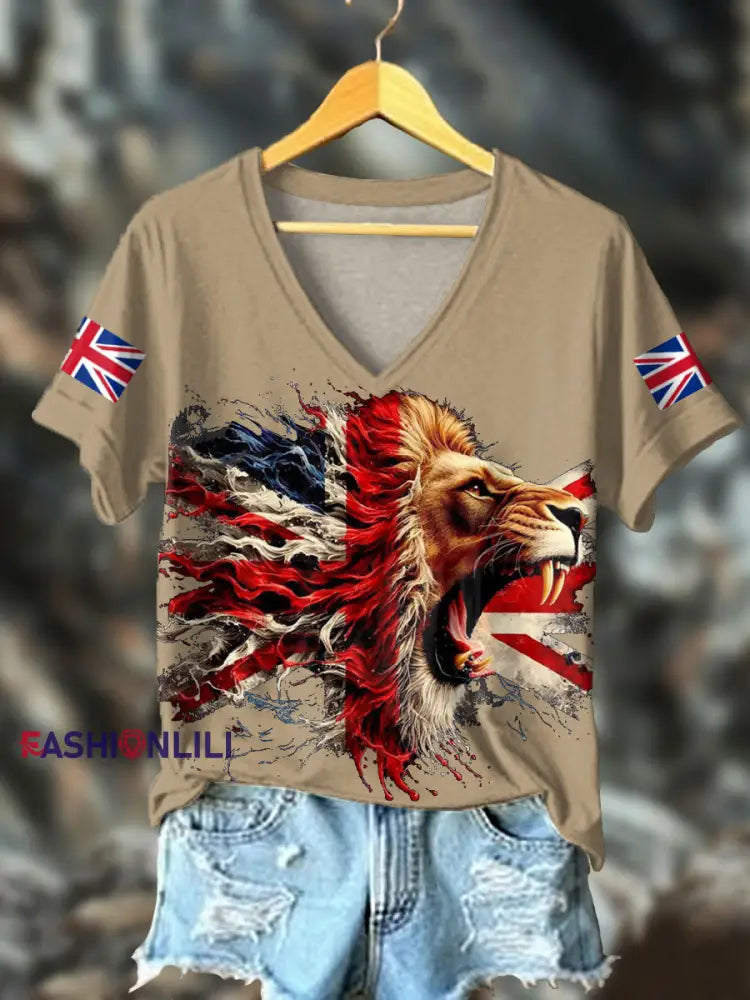 Women’s UK Flag Lion Printed T-shirt Khaki / S