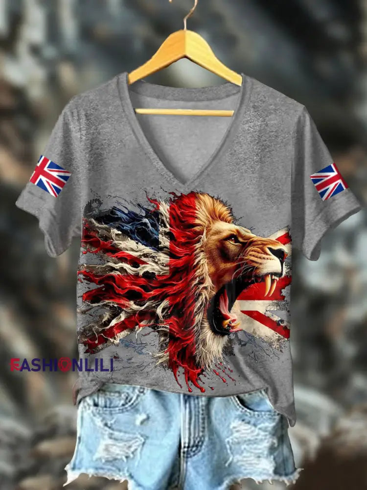 Women’s UK Flag Lion Printed T-shirt Light Gray / S