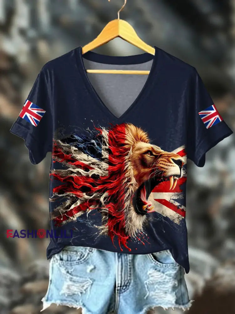 Women’s UK Flag Lion Printed T-shirt Navy Blue / S