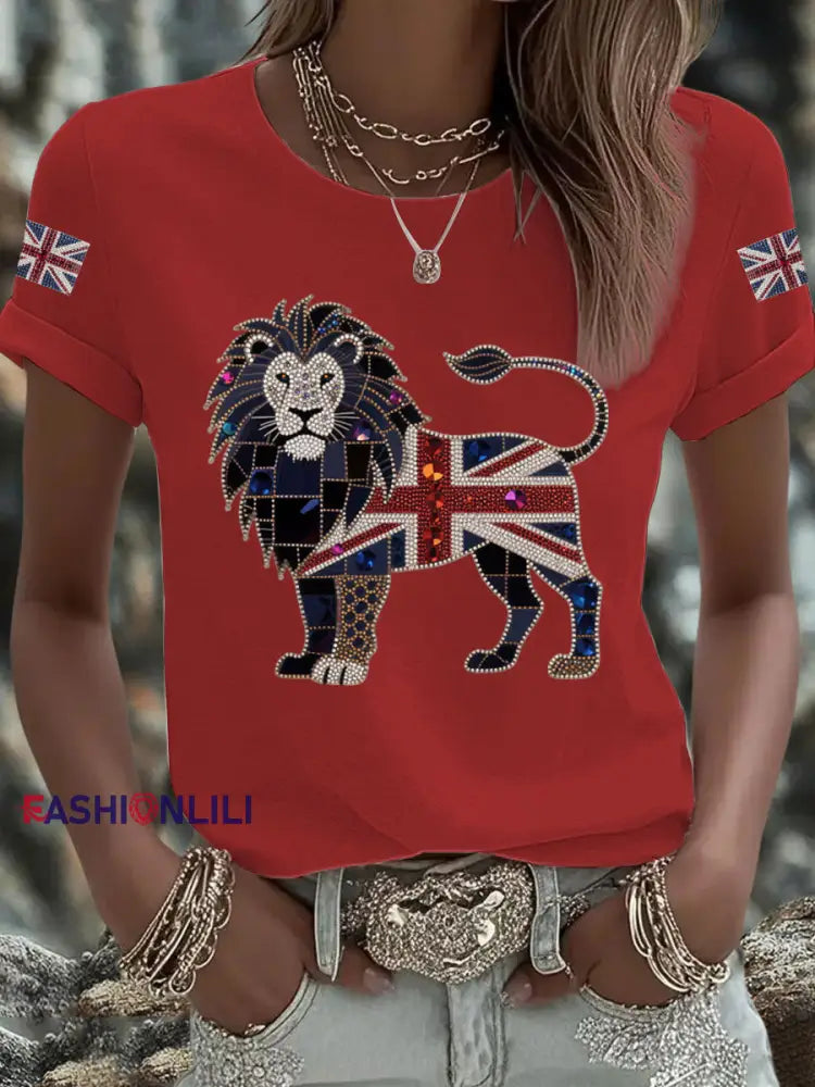 Women’s UK Flag Lion Printed T shirt Red / S