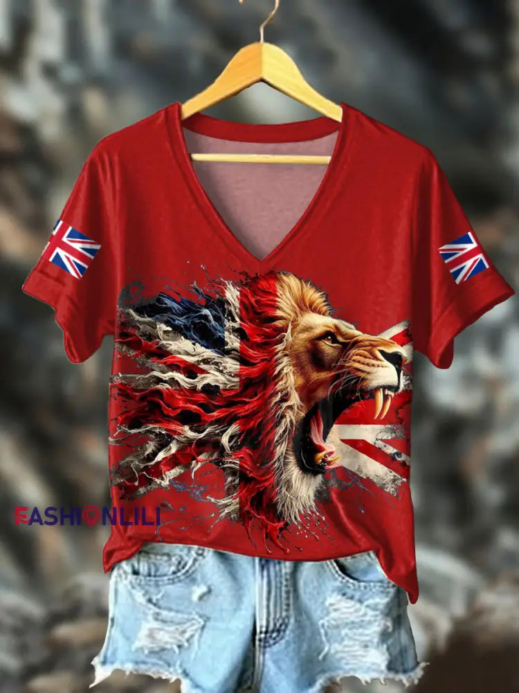 Women’s UK Flag Lion Printed T-shirt Red / S