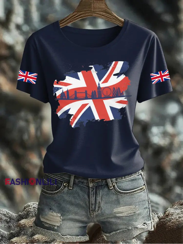 Women’s UK Flag Printed T-shirt Navy Blue / S