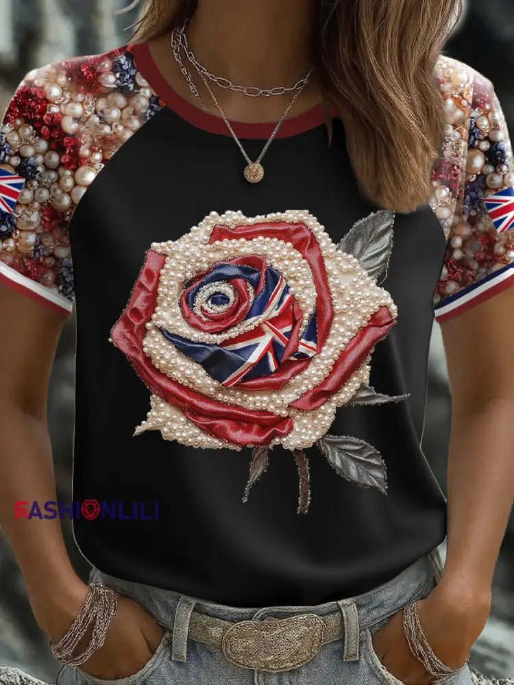 Women’s UK Flag Rose Art Printed T shirt Black / S