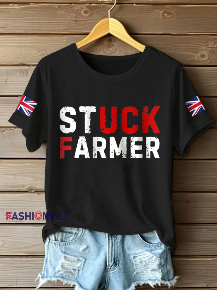 Women’s UK Flag Stuck Farmer Funny Printed T-Shirt Black / S