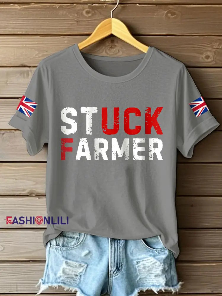 Women’s UK Flag Stuck Farmer Funny Printed T-Shirt Light Gray / S