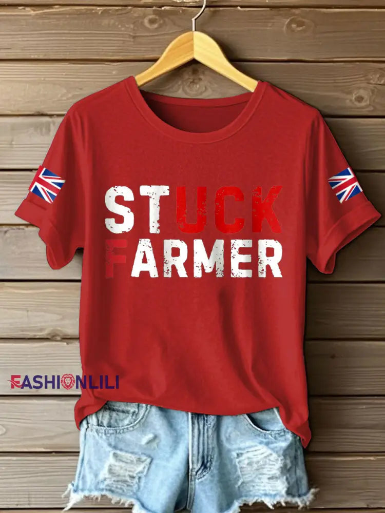 Women’s UK Flag Stuck Farmer Funny Printed T-Shirt Red / S