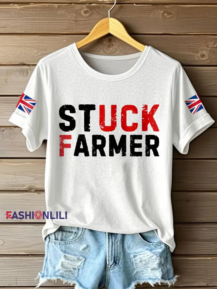Women’s UK Flag Stuck Farmer Funny Printed T-Shirt White / S