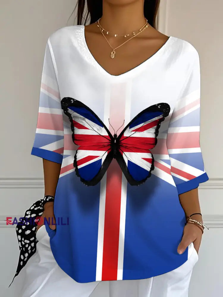 Women’s Union Jack Butterfly Print Crop Sleeve Top As picture / S