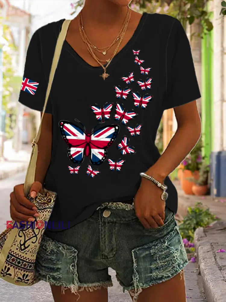 Women’s Union Jack Butterfly V-neck T-shirt Black / S