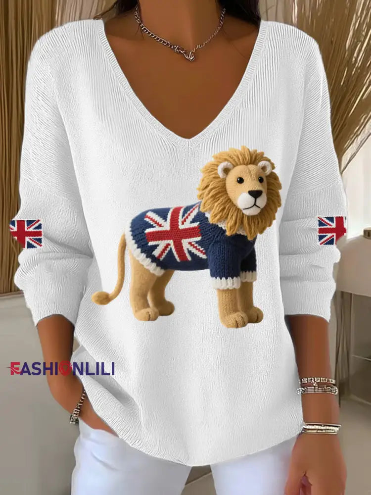 Women’s Union Jack Lion Print Casual Long Sleeve Top White / S