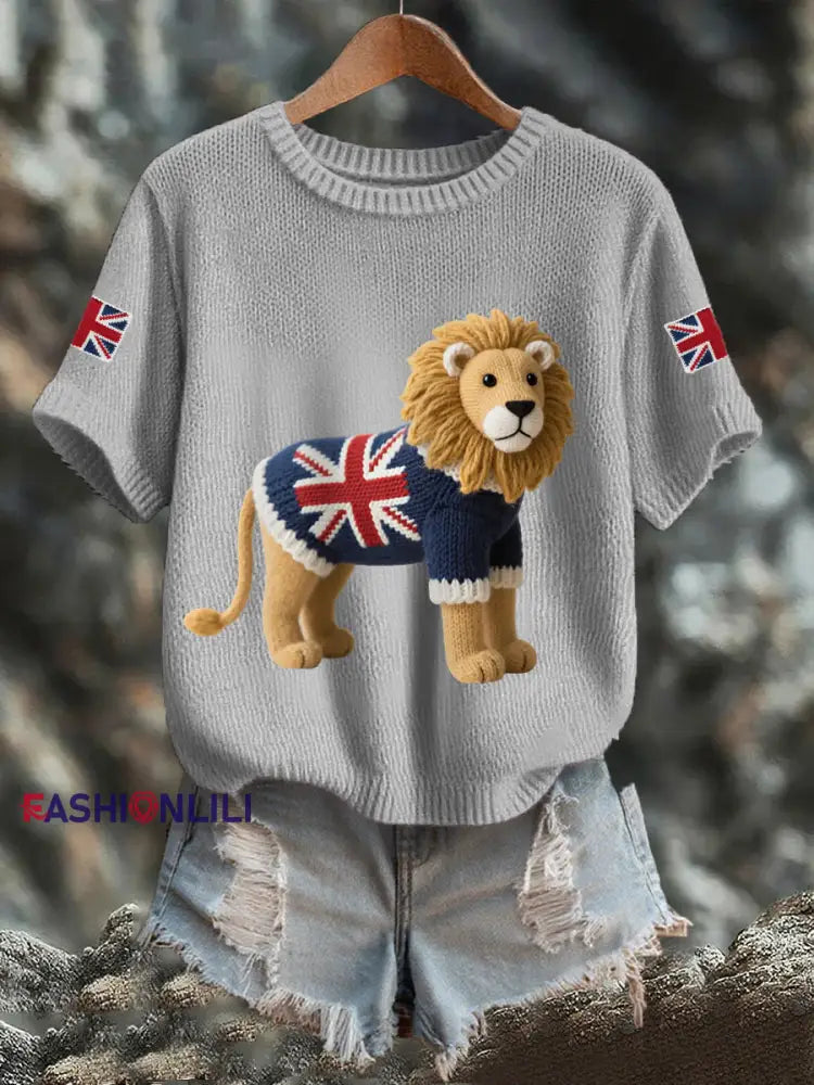 Women’s Union Jack Lion Print Casual Tee Gray / S