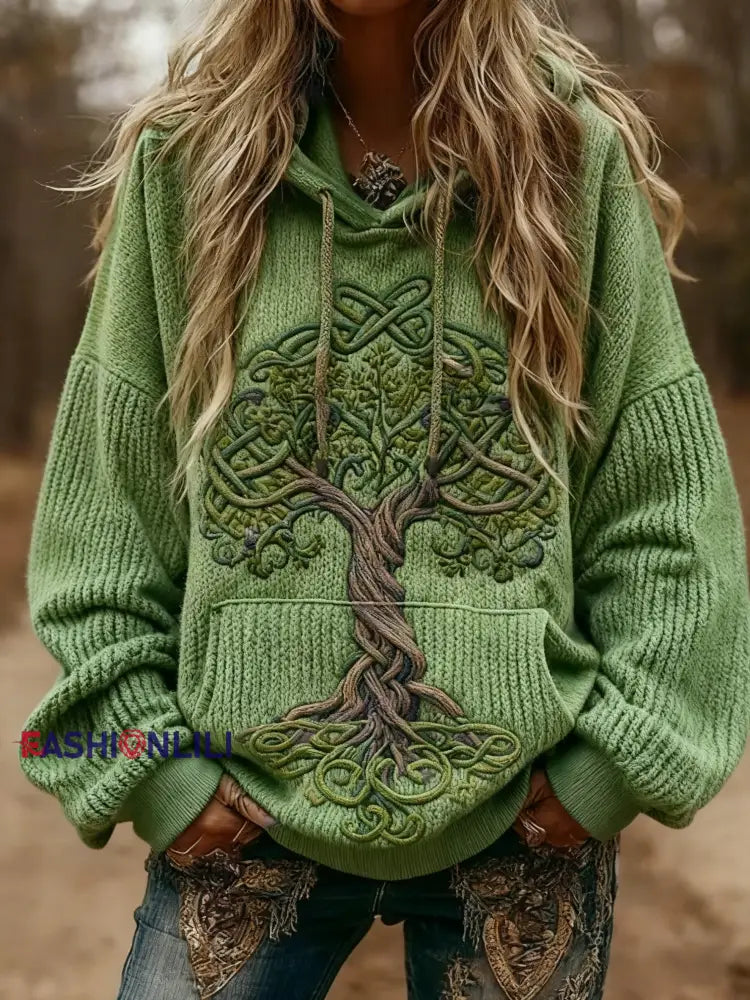Women’s Viking Butterfly Celtic Knot Tree Of Life Gradient Print Long-Sleeved Hooded Sweater Green / S