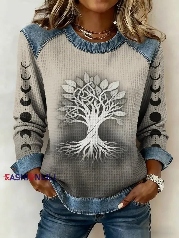 Women’s Viking Celtic Knot Tree Of Life Gradient Print Long-Sleeved Waffle Top Apricot / S