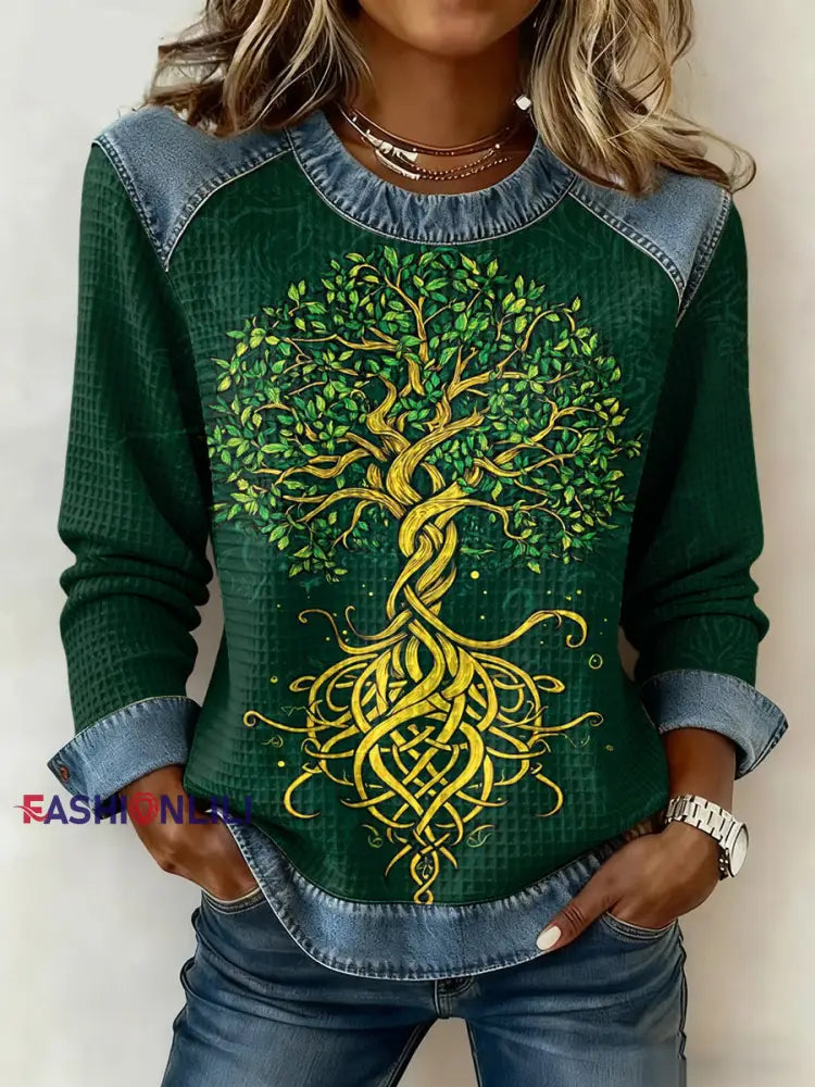 Women’s Viking Celtic Knot Tree Of Life Gradient Print Long-Sleeved Waffle Top Green / S