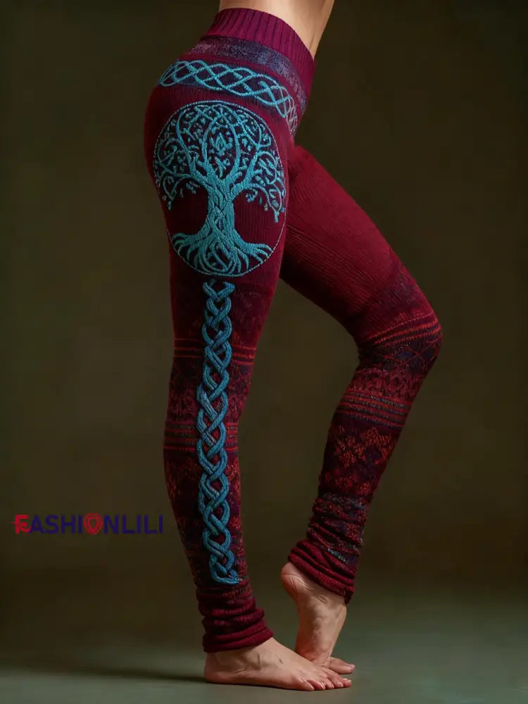 Women’s Viking Celtic Knot Tree Of Life Sports Stretch Leggings Wine Red / S