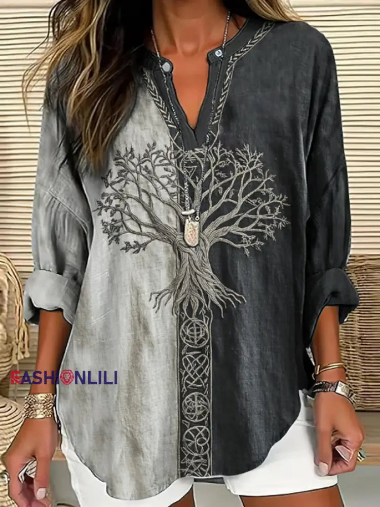 Women’s Viking Life Of Tree Art Linen Print Casual Shirt As picture / S