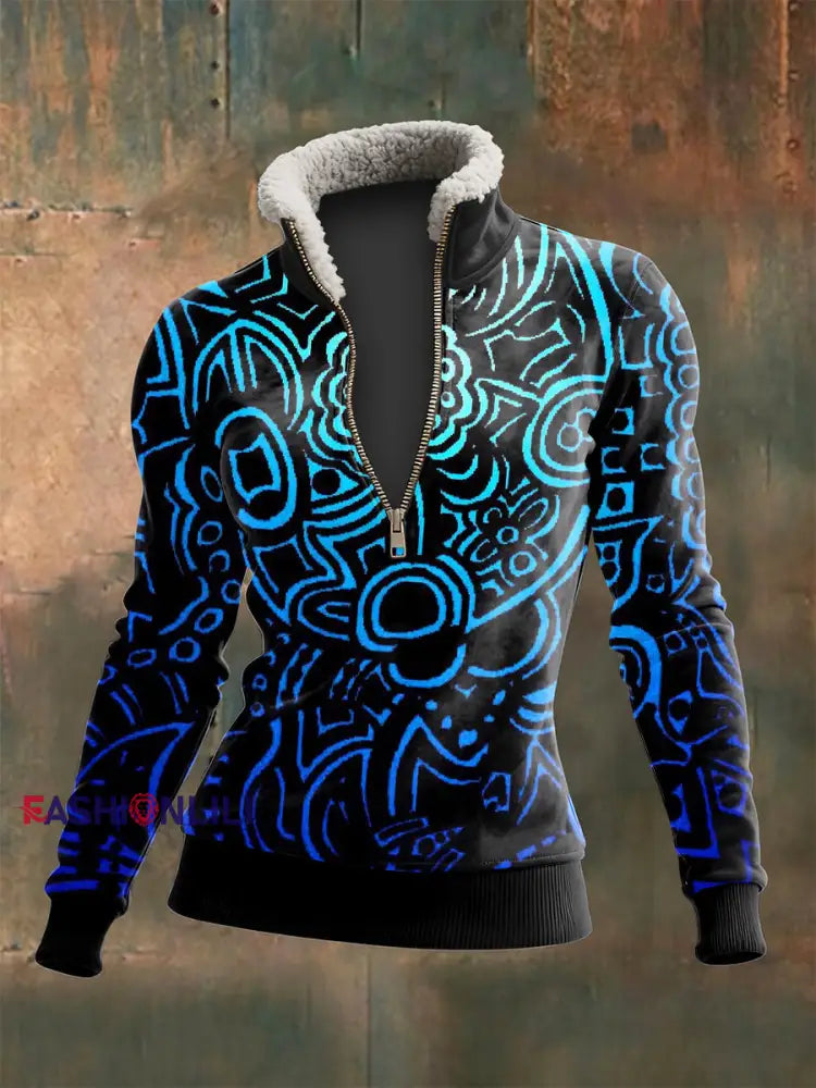 Women’s Viking Totem Printed Zipper Lamb Wool Long Sleeve Top Blue / S