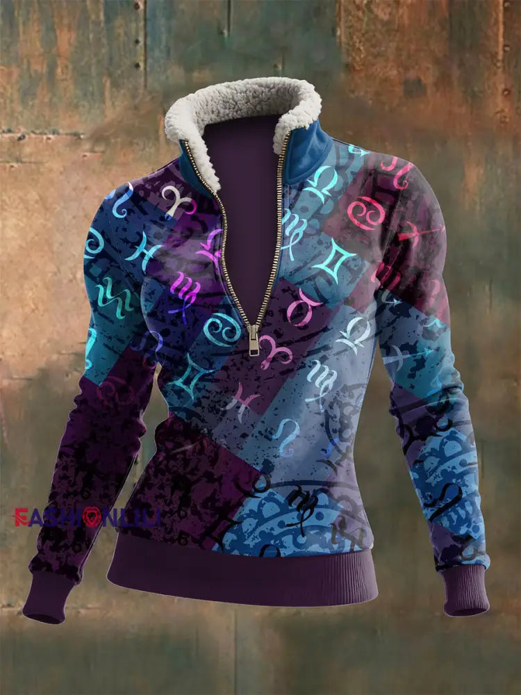 Women’s Viking Totem Printed Zipper Lamb Wool Long Sleeve Top Multicolour / S