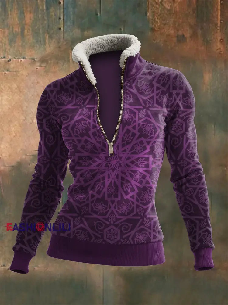 Women’s Viking Totem Printed Zipper Lamb Wool Long Sleeve Top Purple / S