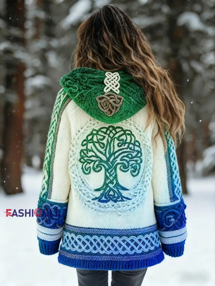 Women’s Viking Tree Of Life Pattern Gradient Cardigan Knit Jacket Green / S