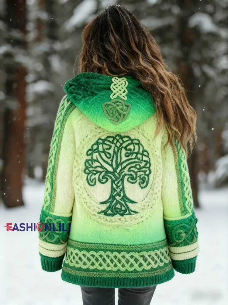 Women’s Viking Tree Of Life Pattern Gradient Cardigan Knit Jacket Green / S
