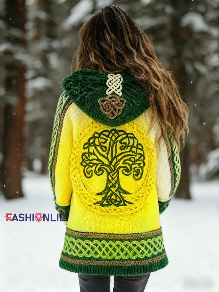 Women’s Viking Tree Of Life Pattern Gradient Cardigan Knit Jacket Yellow / S