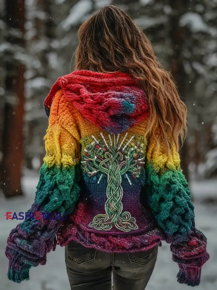 Women’s Viking Tree Of Life Pattern Gradient Multicolour Cardigan Knit Jacket Multicolour / S