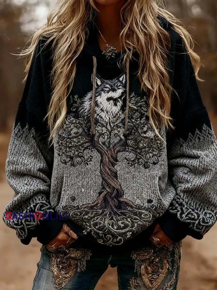 Women’s Viking Wolf Celtic Knot Tree Of Life Gradient Print Long-Sleeved Hooded Sweater Black / S