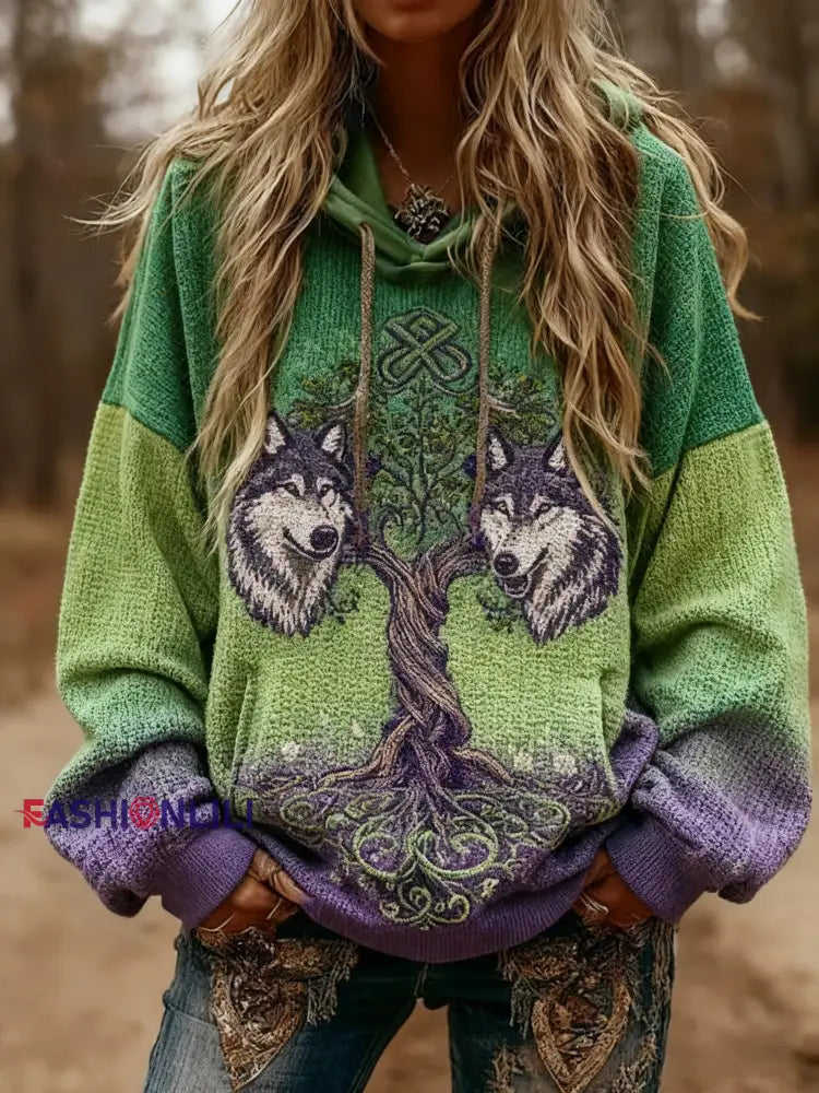 Women’s Viking Wolf Celtic Knot Tree Of Life Gradient Print Long-Sleeved Hooded Sweater Green / S