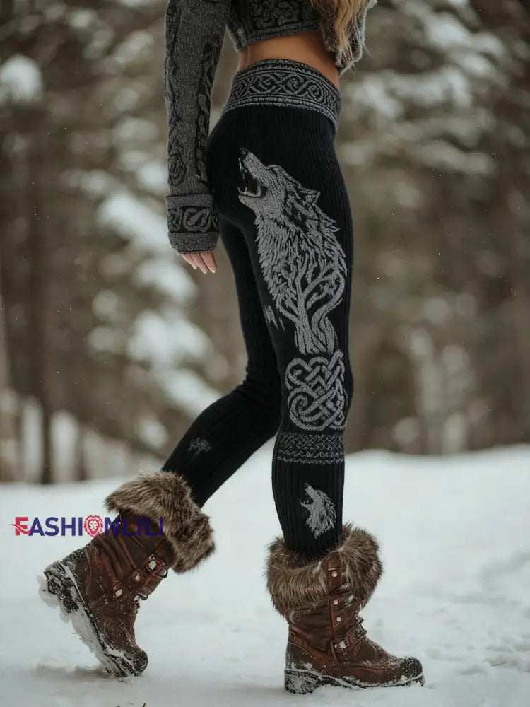 Women’s Viking Wolf Celtic Knot Tree Of Life Gradient Sports Stretch Leggings Black / S