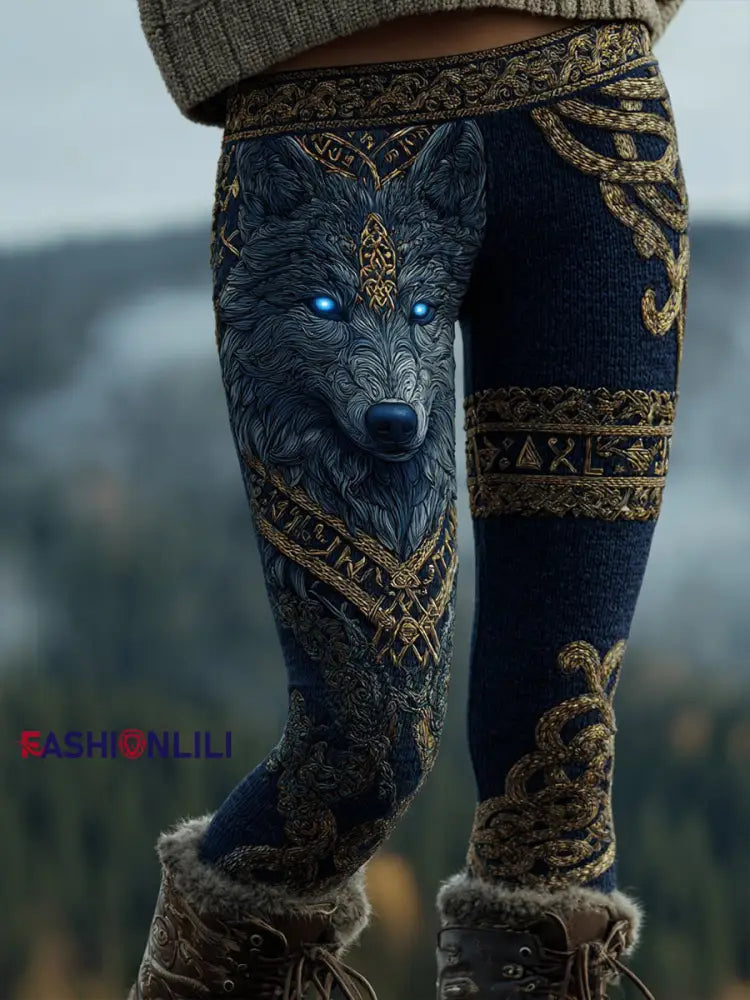 Women’s Viking Wolf Leggings Navy Blue / S
