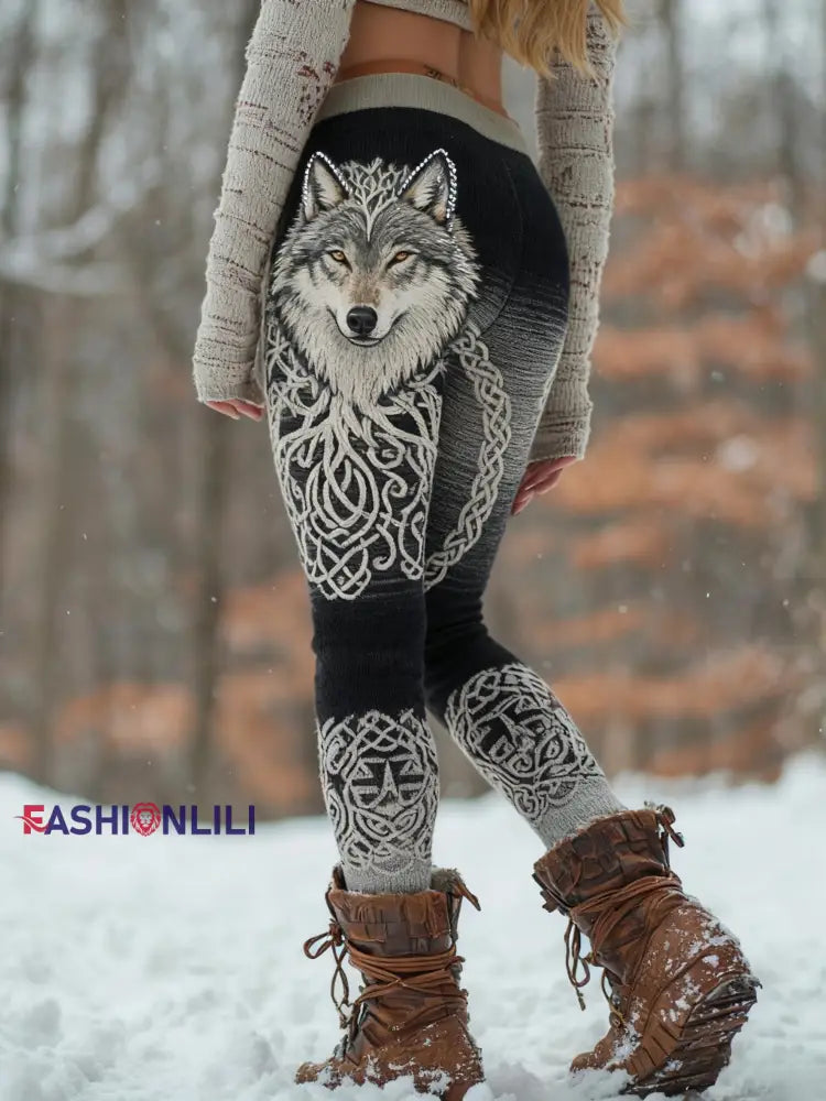 Women’s Viking Wolf Tree Of Life Pattern Cozy Leggings Black / S