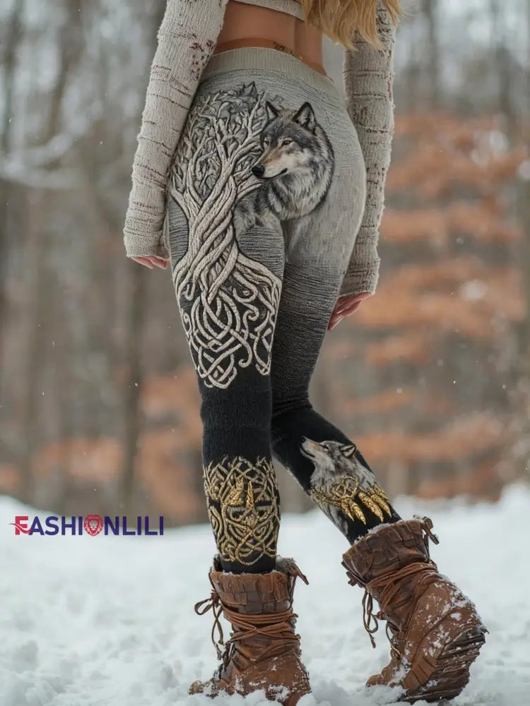 Women’s Viking Wolf Tree Of Life Pattern Cozy Leggings Gray / S